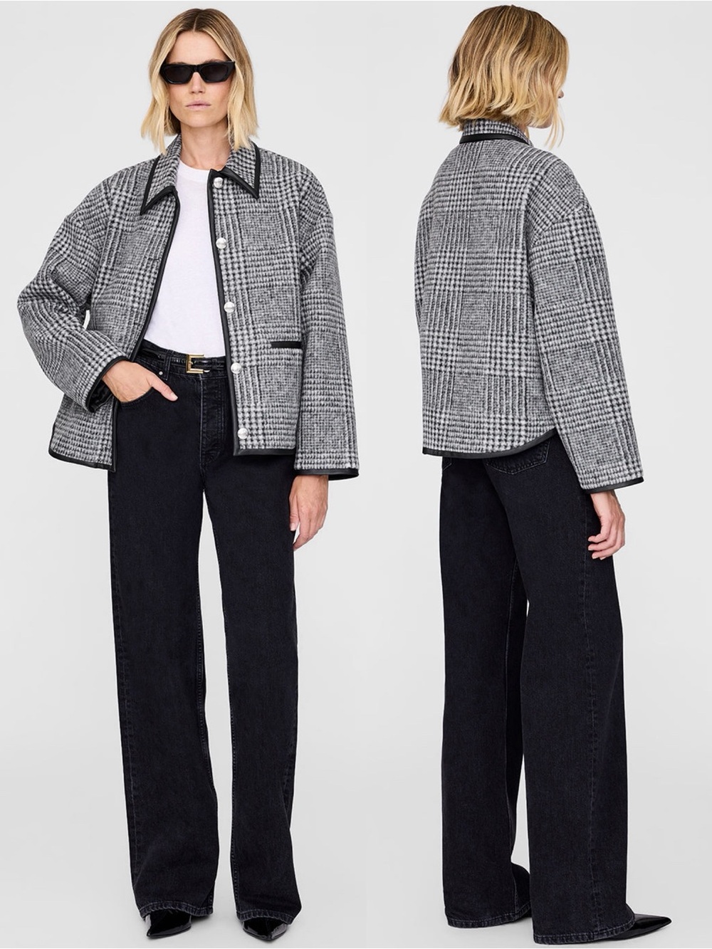 ANINE BING Camden Black & Grey Check Wool Blend Jacket Shacket Size M NWT